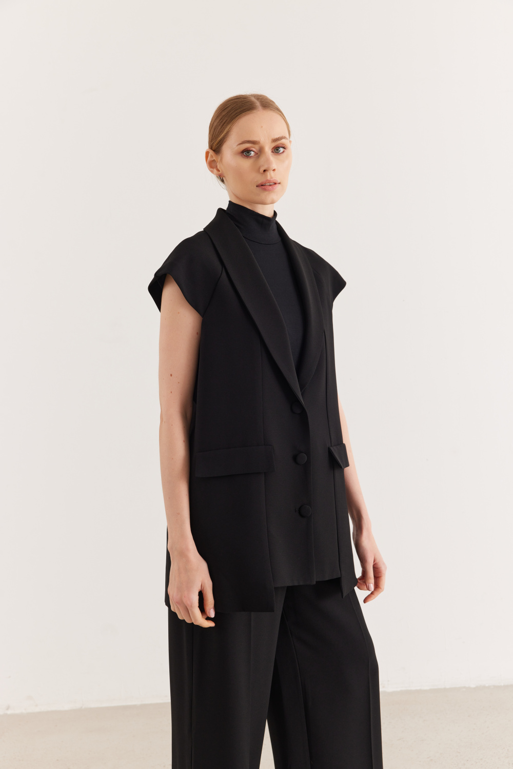 Ön Cep Detaylı Yelek Pantolon Takım Siyah - 4
