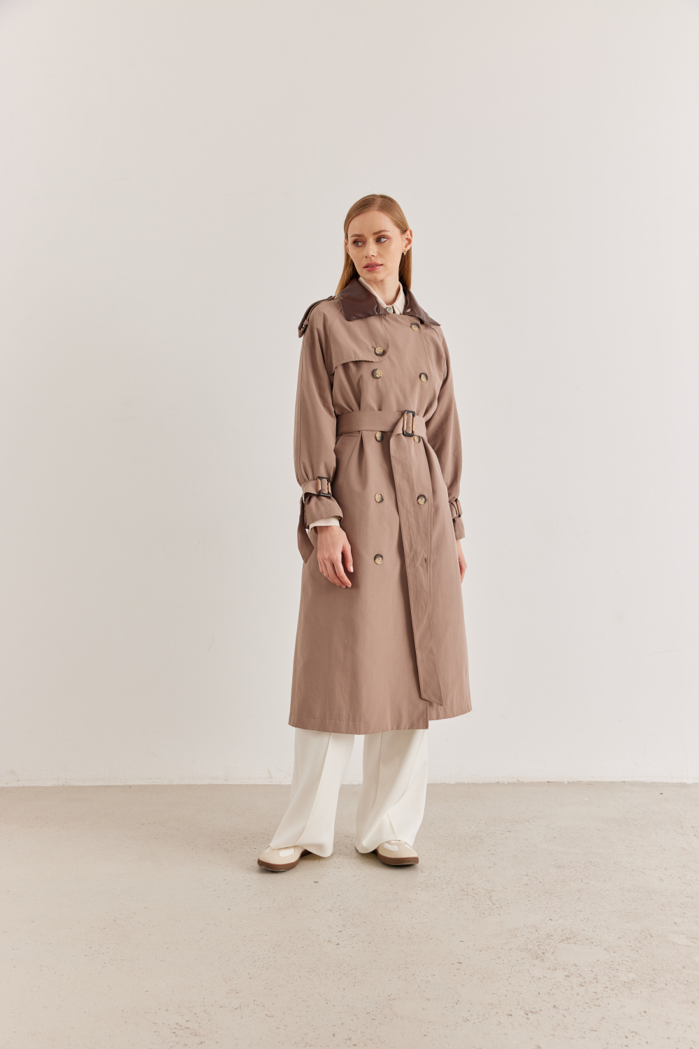 Çift Yaka Kullanışlı Tasarım Trençkot Vizon - 