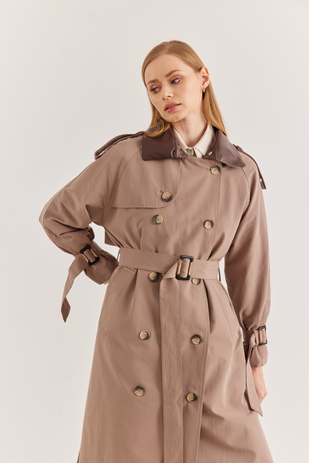 Çift Yaka Kullanışlı Tasarım Trençkot Vizon - 2