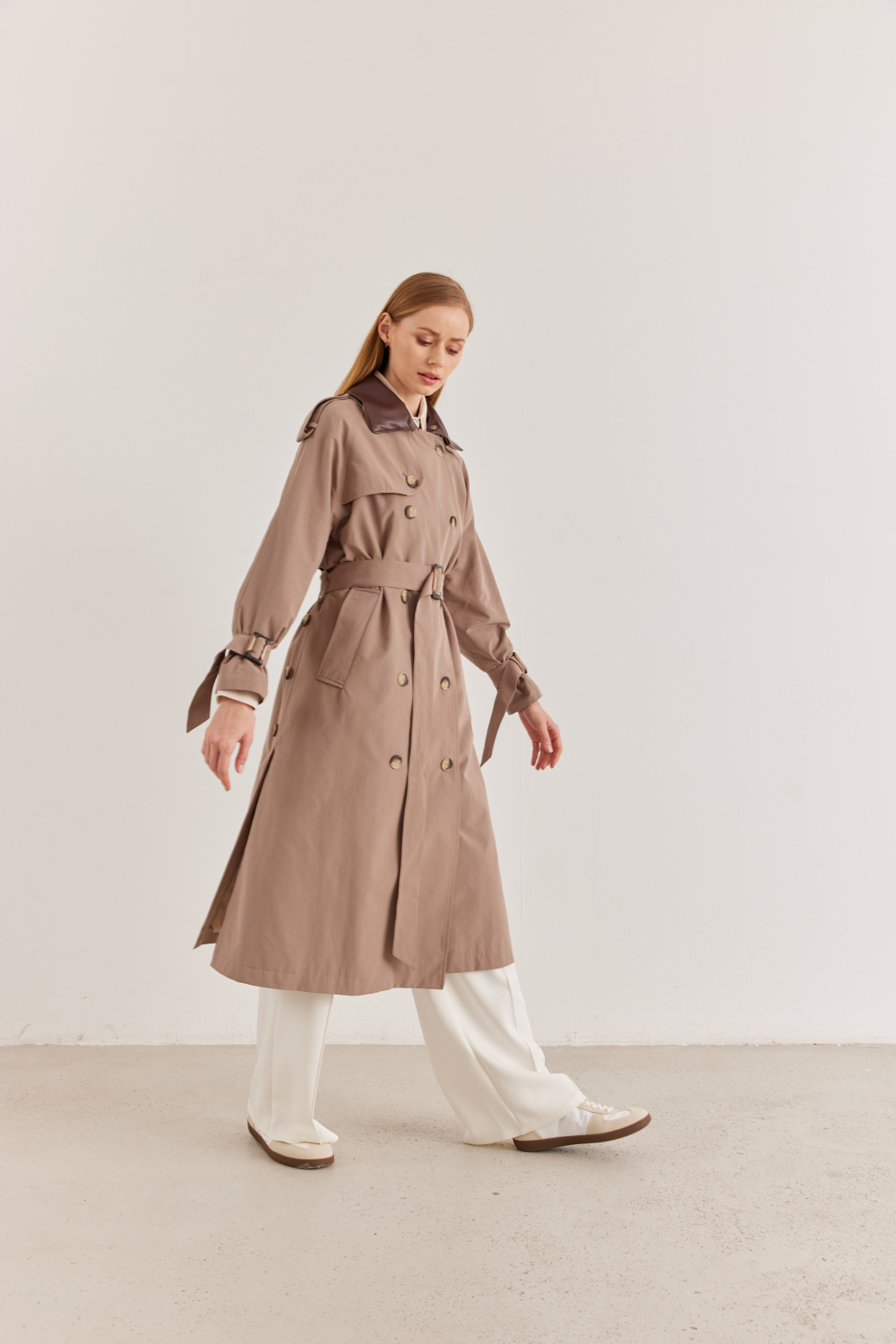 Çift Yaka Kullanışlı Tasarım Trençkot Vizon - 7