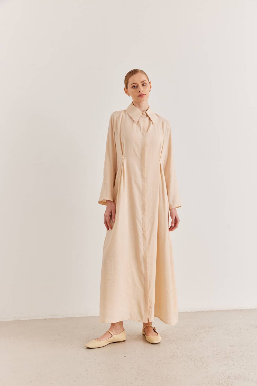 İnci Detaylı Uzun Elbise Bej - 