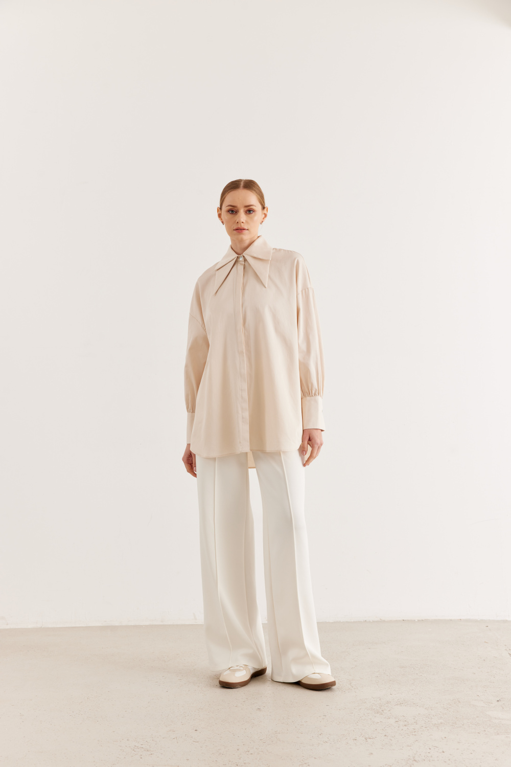 Çift Yakalı Oversize Gömlek Bej - 