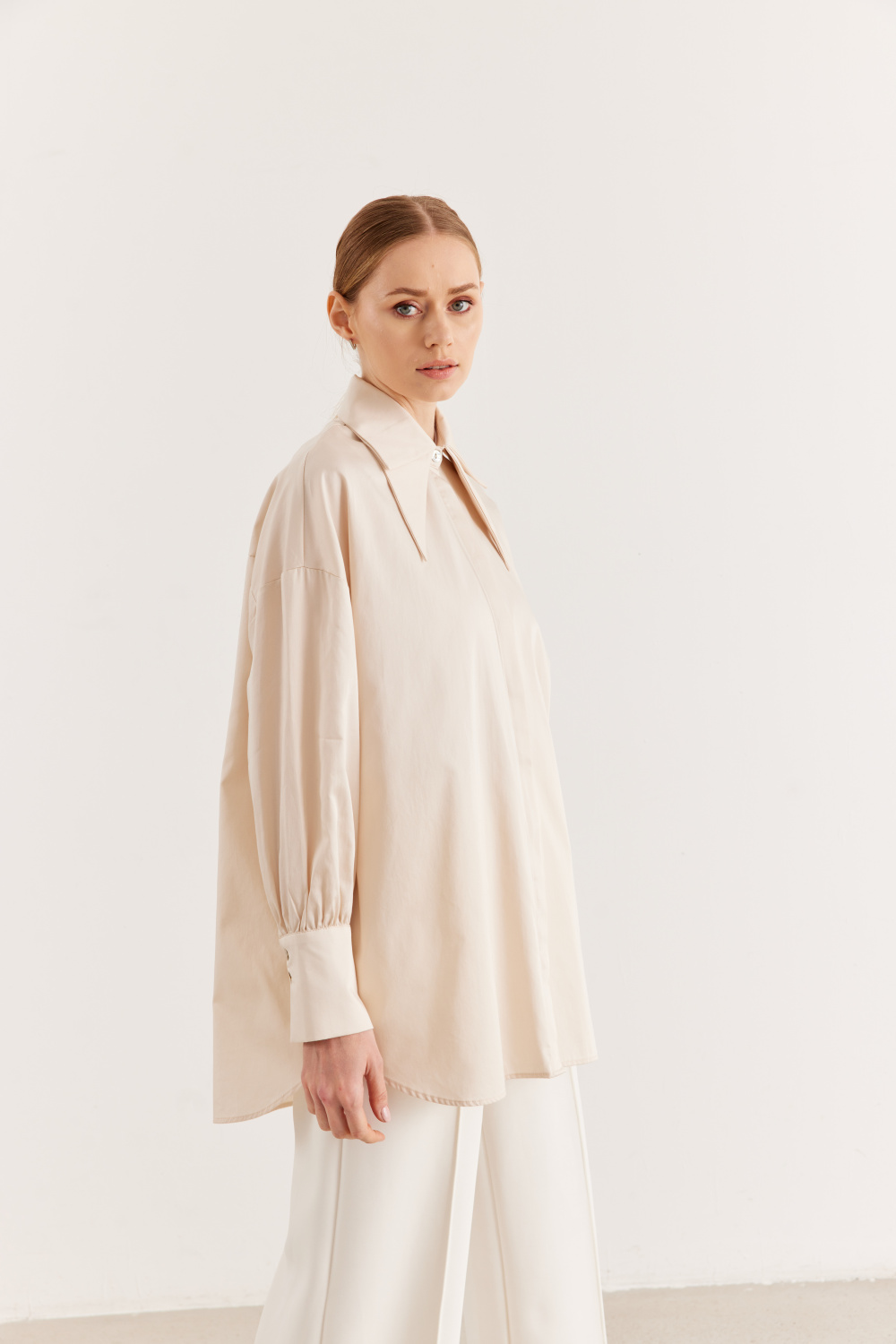 Çift Yakalı Oversize Gömlek Bej - 2