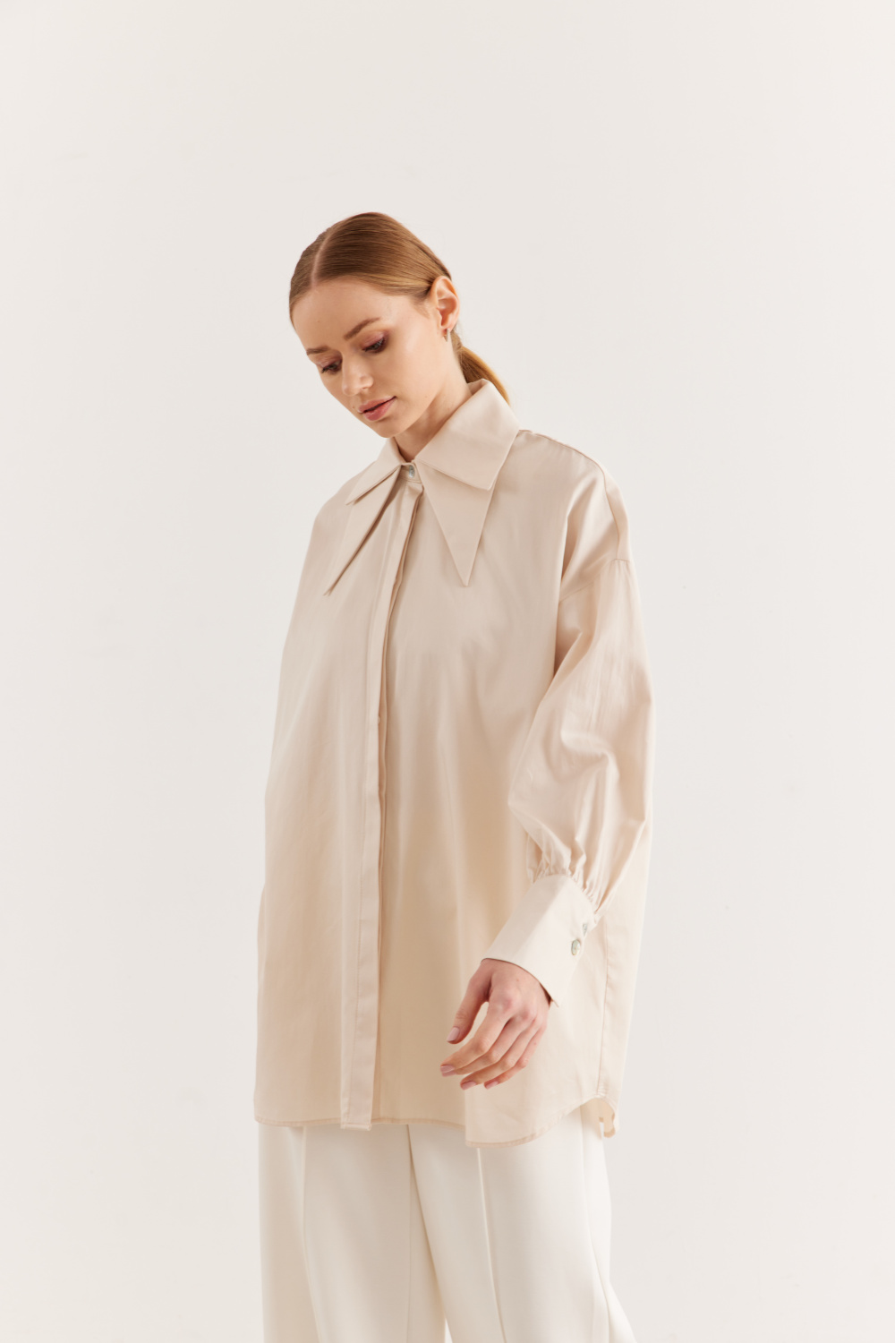 Çift Yakalı Oversize Gömlek Bej - 3