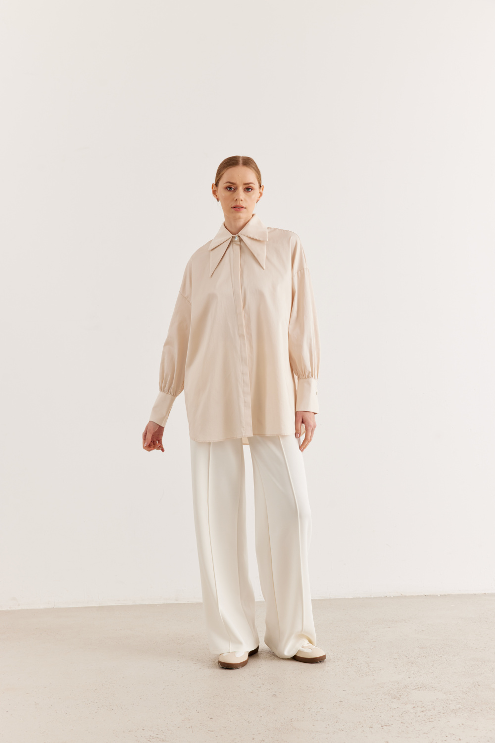 Çift Yakalı Oversize Gömlek Bej - 4