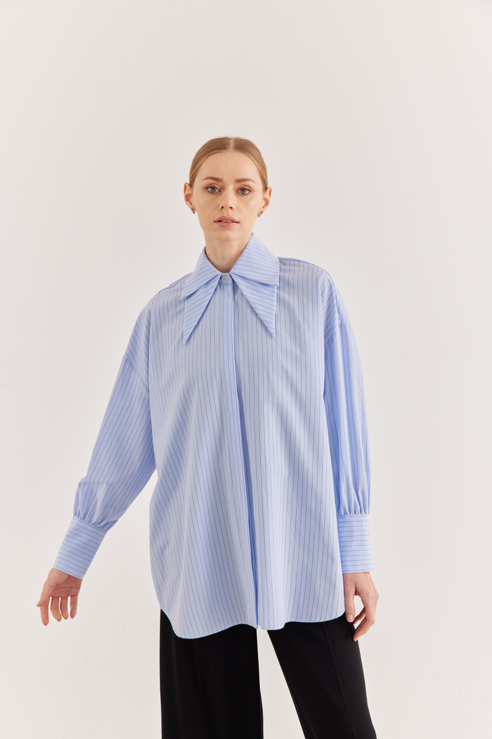 Çift Yakalı Oversize Gömlek Çizgili Mavi - 2