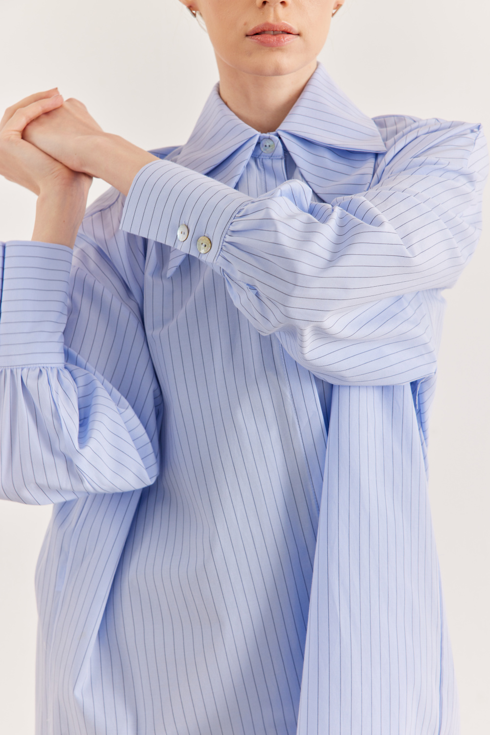 Çift Yakalı Oversize Gömlek Çizgili Mavi - 3
