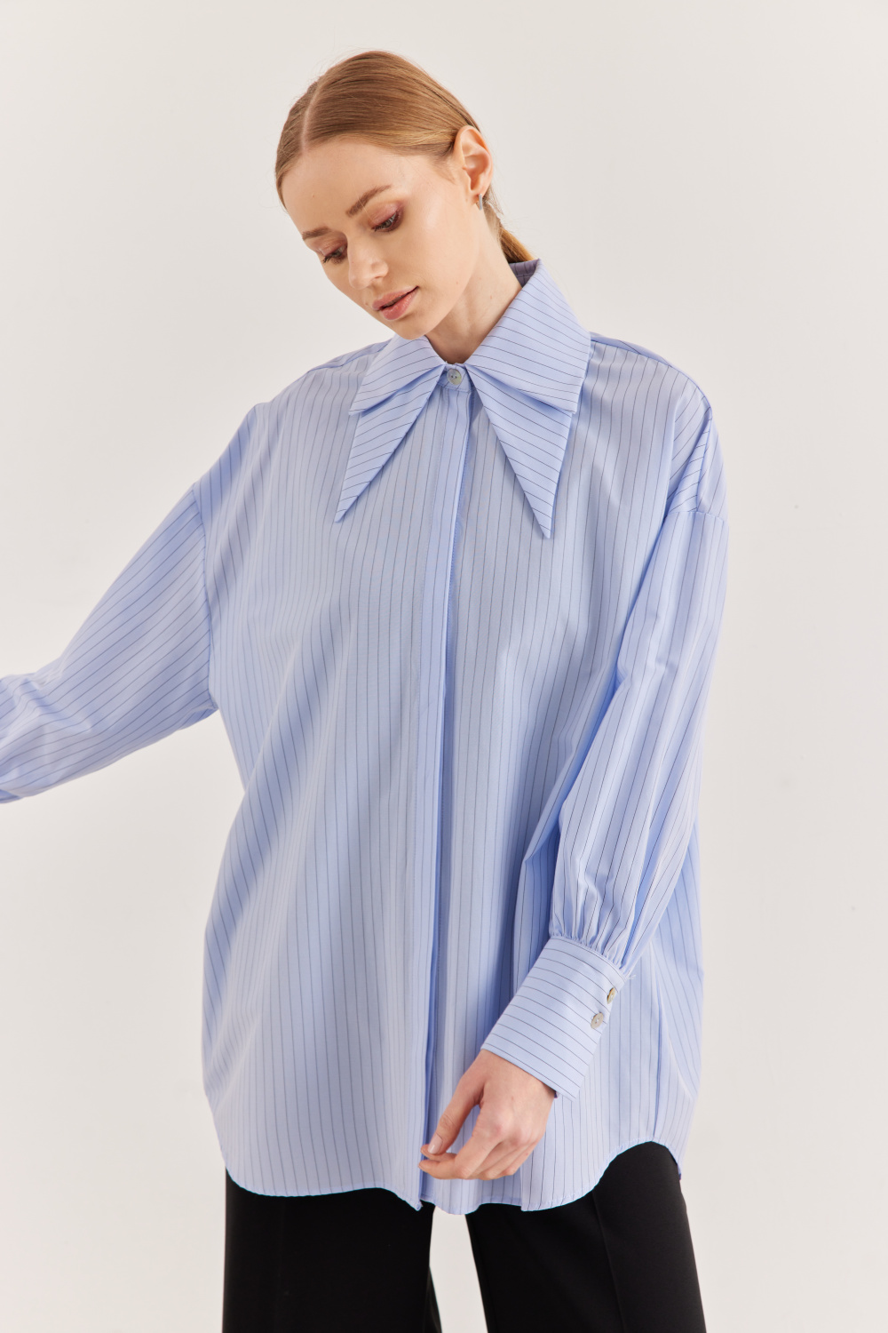 Çift Yakalı Oversize Gömlek Çizgili Mavi - 4