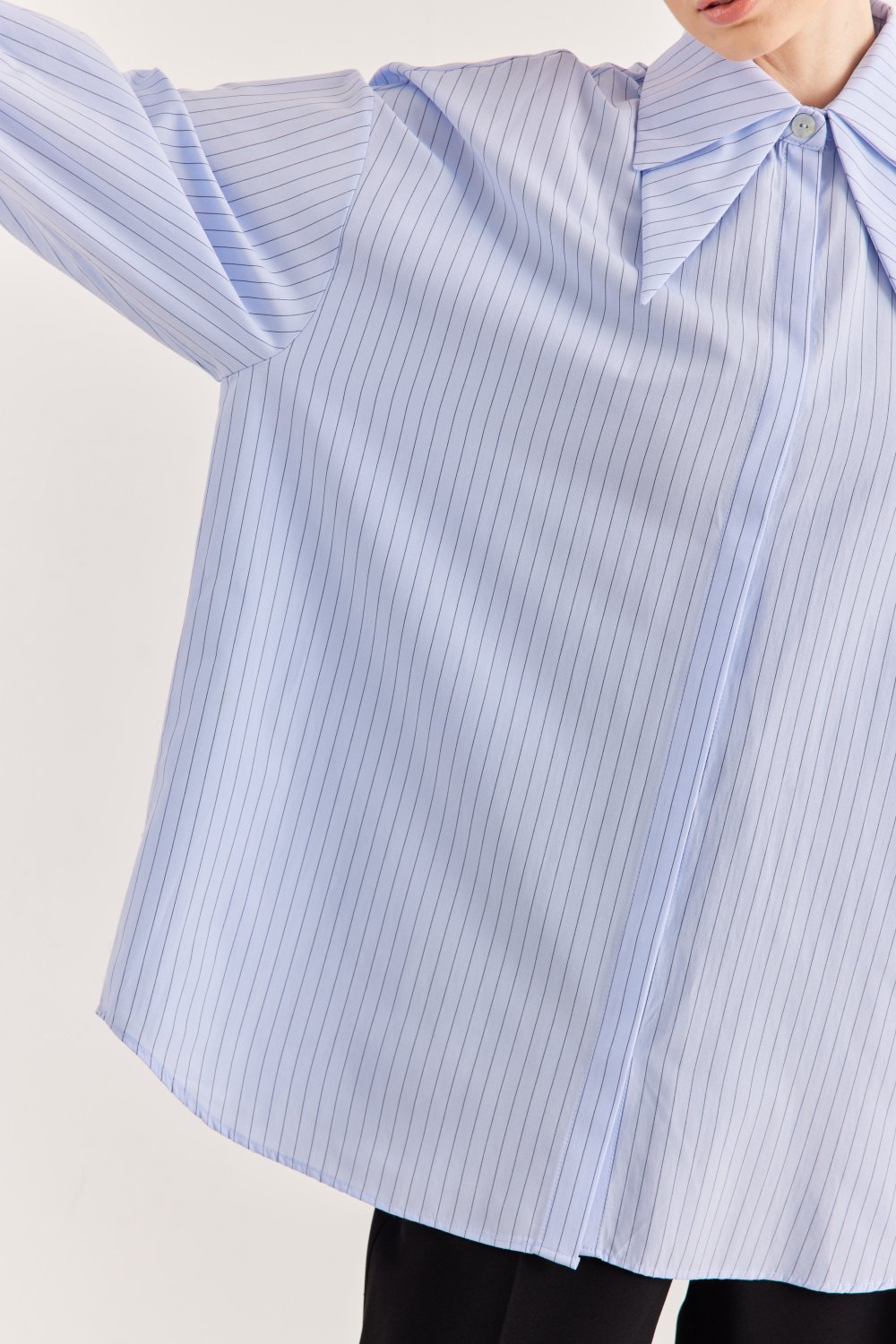 Çift Yakalı Oversize Gömlek Çizgili Mavi - 5