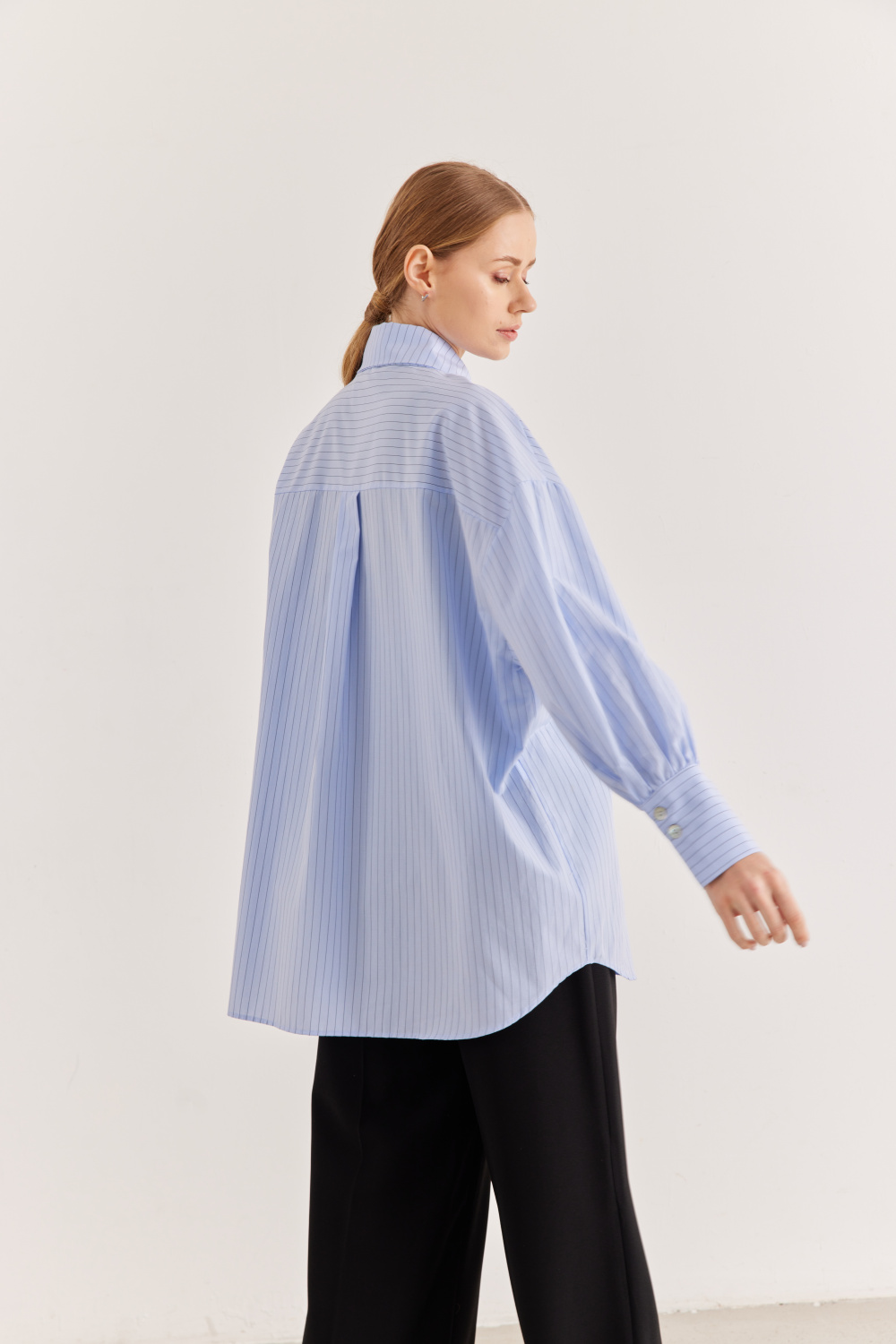 Çift Yakalı Oversize Gömlek Çizgili Mavi - 6