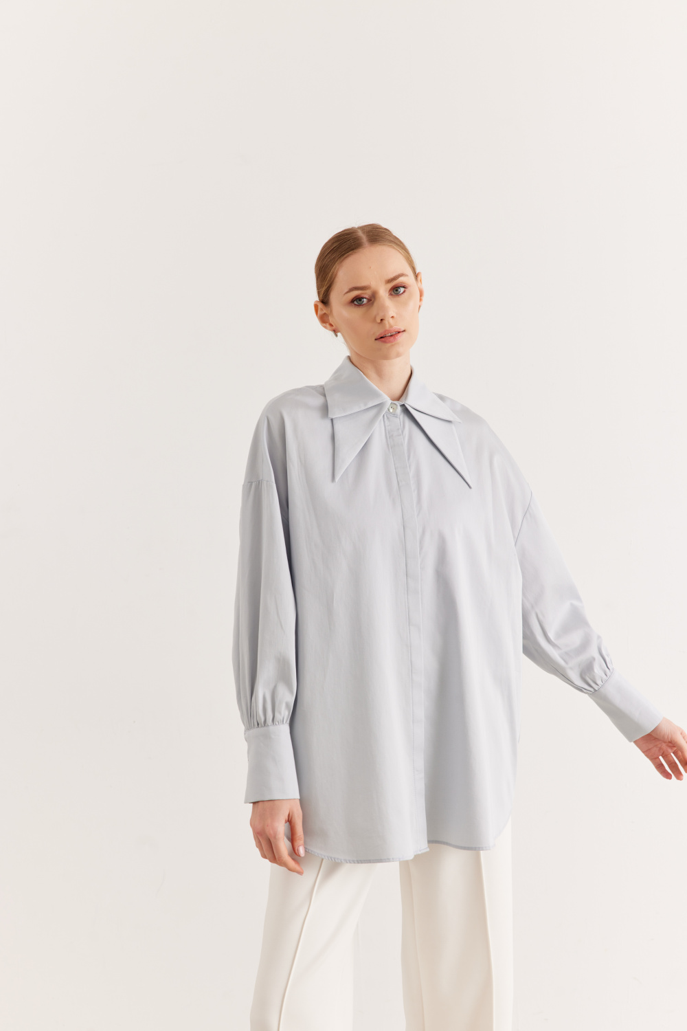 Çift Yakalı Oversize Gömlek Mavi Gri - 3