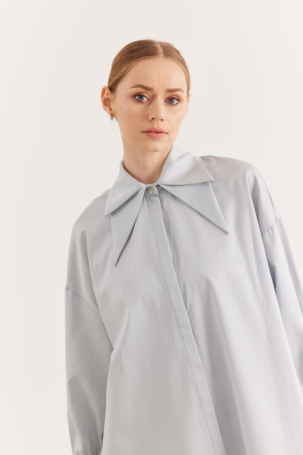 Çift Yakalı Oversize Gömlek Mavi Gri - 4