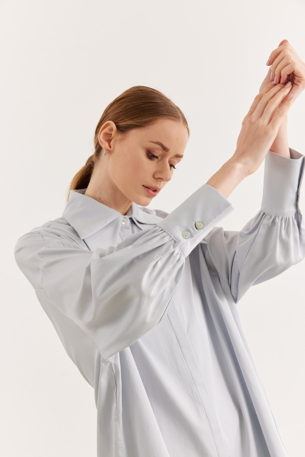 Çift Yakalı Oversize Gömlek Mavi Gri - 5