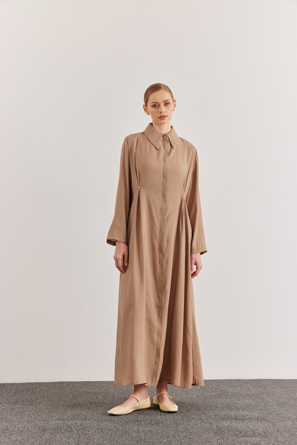 İnci Detaylı Uzun Elbise Vizon - 