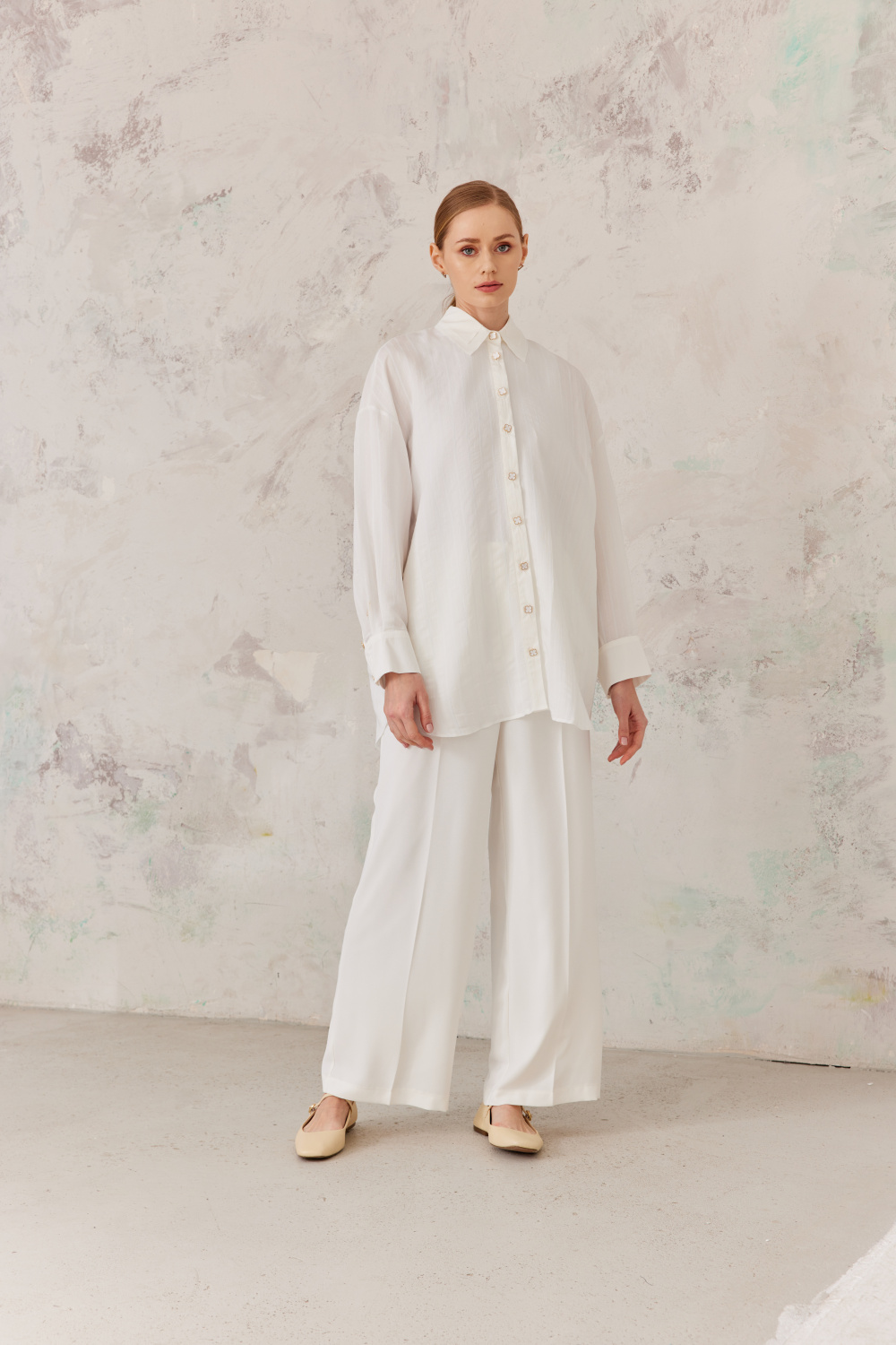 Metal Düğme Detaylı Çizgili Gömlek Beyaz - 