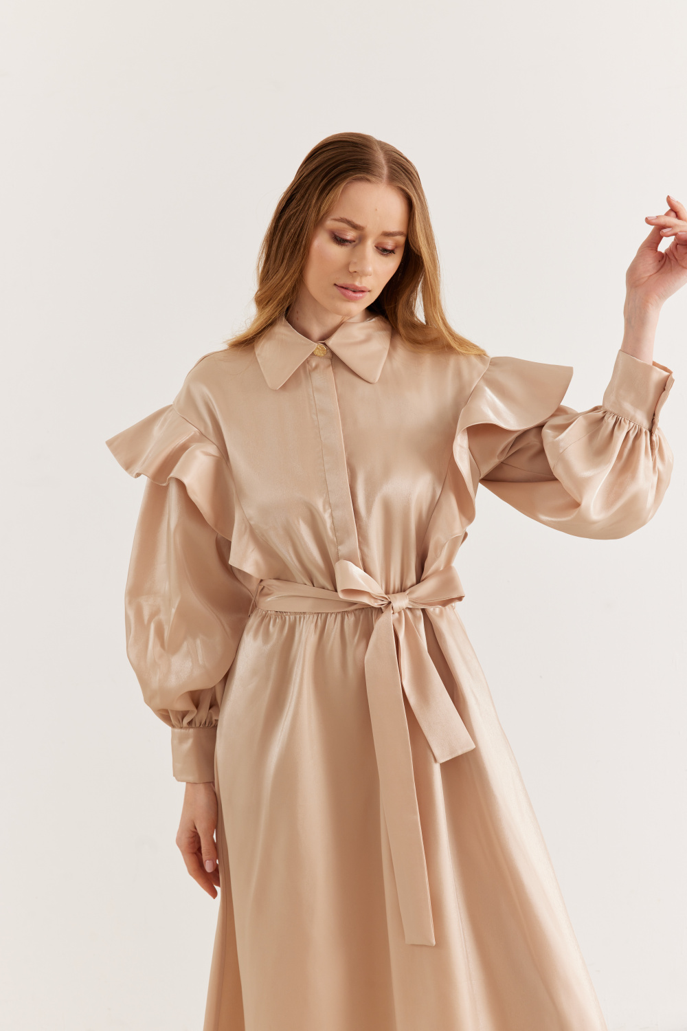 Fırfırlı Elbise Parlak Bej - 4