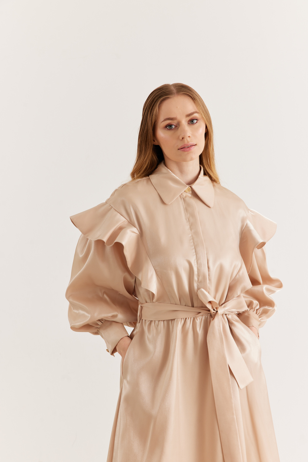 Fırfırlı Elbise Parlak Bej - 5