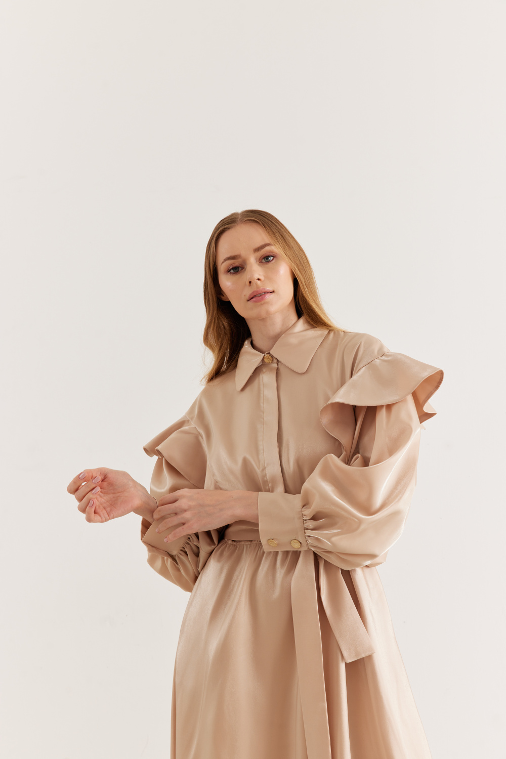 Fırfırlı Elbise Parlak Bej - 6