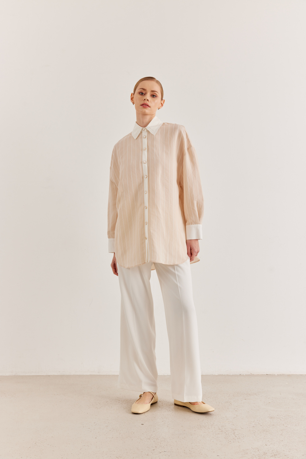 Metal Düğme Detaylı Çizgili Gömlek Bej - 2