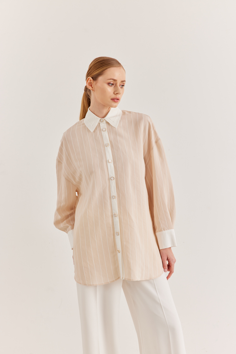 Metal Düğme Detaylı Çizgili Gömlek Bej - 3
