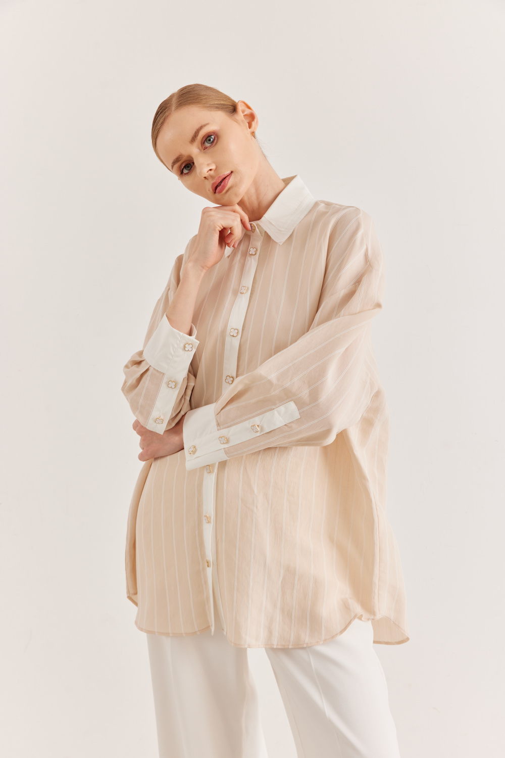 Metal Düğme Detaylı Çizgili Gömlek Bej - 4