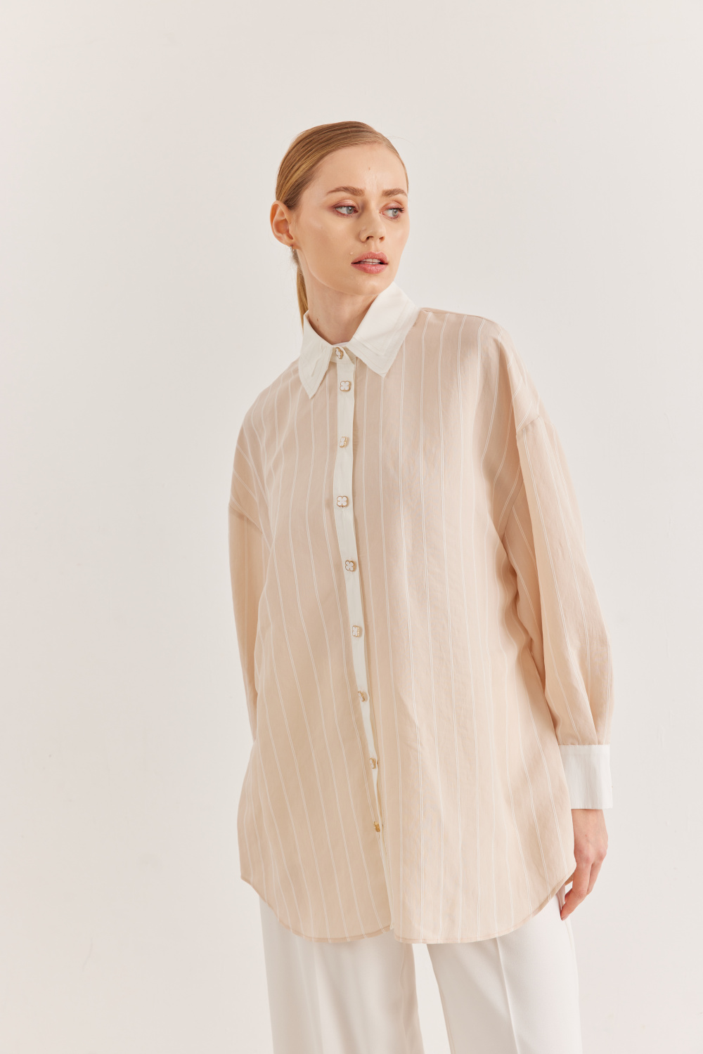 Metal Düğme Detaylı Çizgili Gömlek Bej - 6