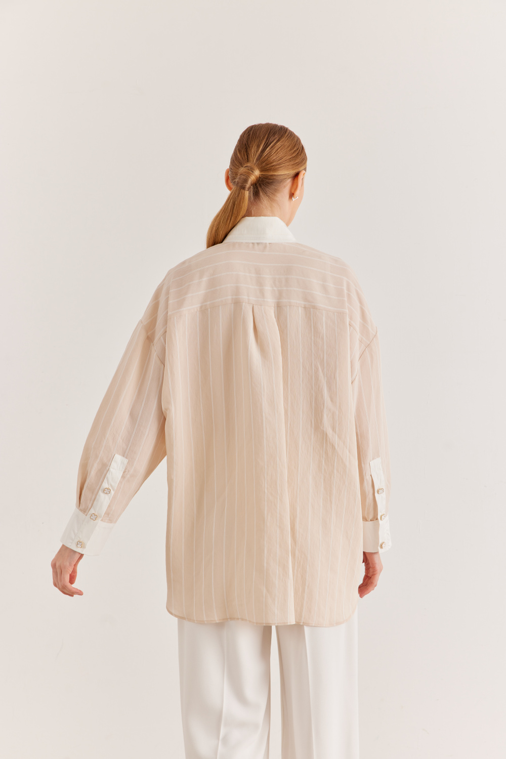 Metal Düğme Detaylı Çizgili Gömlek Bej - 7