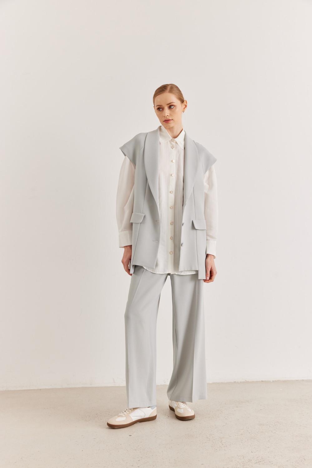 Ön Cep Detaylı Yelek Pantolon Takım Mavi Gri - 